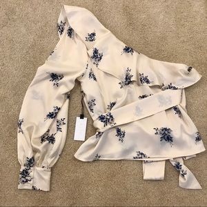 ASTR asymmetrical cream satin floral blouse